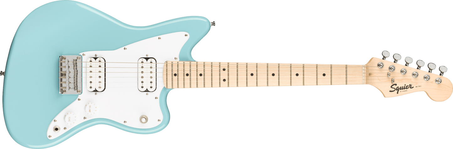 Electric guitar with a light blue body and white pickguard on a green background