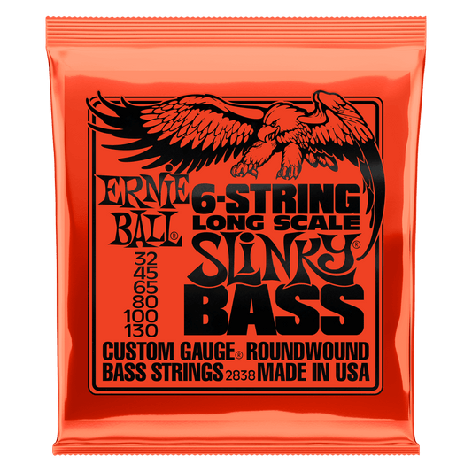 Cuerdas para bajo eléctrico Ernie Ball 2838 Slinky Nickel Wound (escala larga de 6 cuerdas, 0,032 a 0,130)