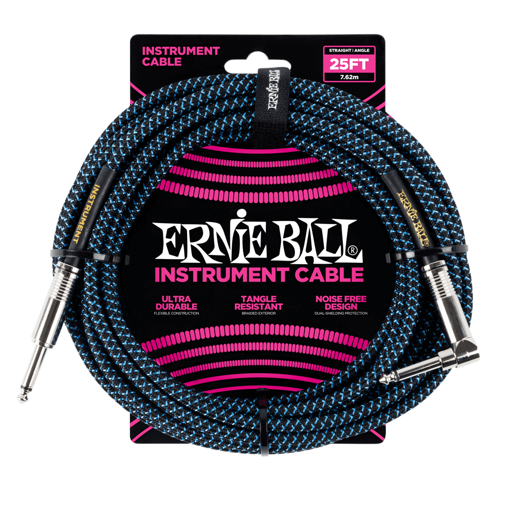 Ernie Ball P06060 Braided Straight to Right Angle Instrument Cable - 25 foot Black/Blue