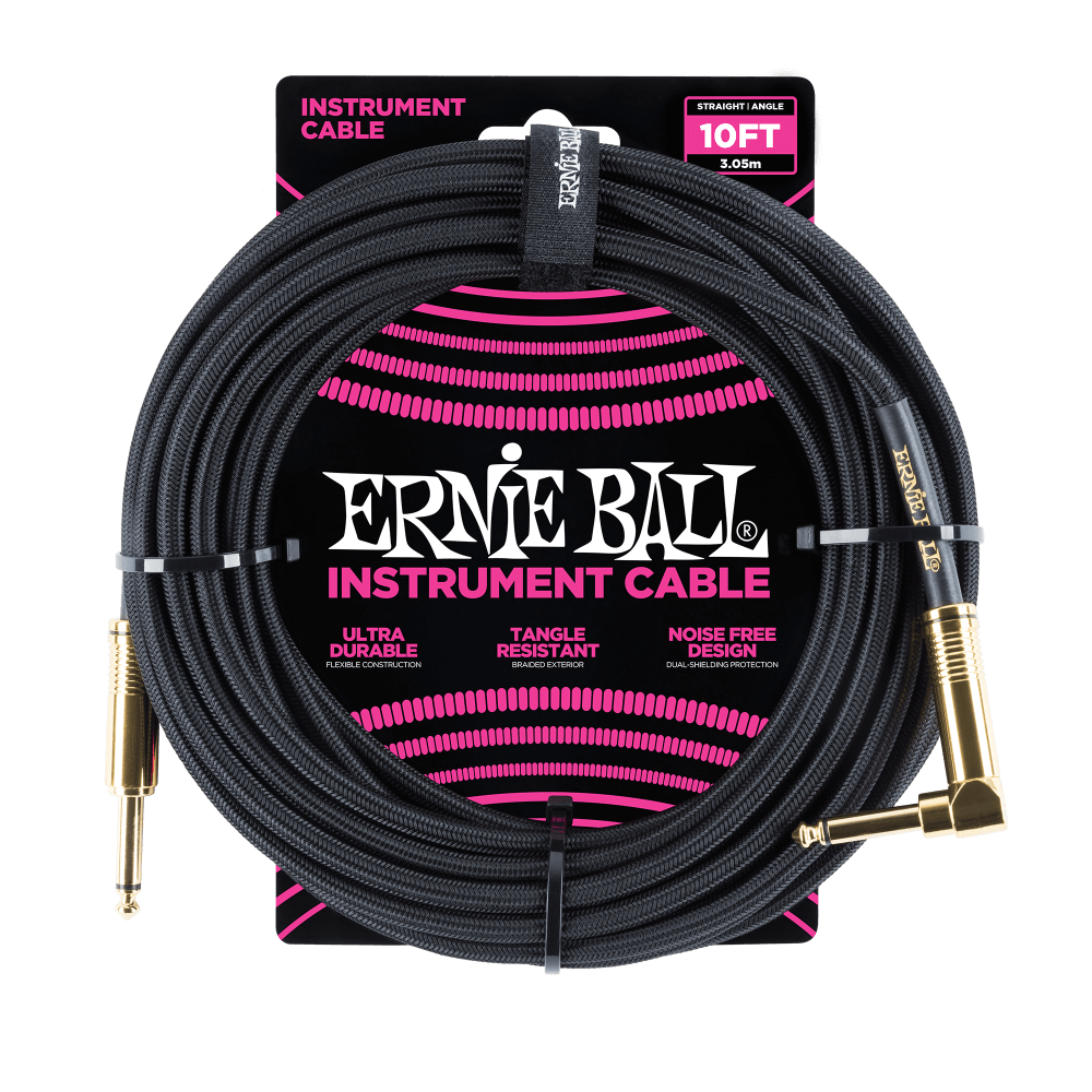 Ernie Ball P06081 Braided Straight to Right Angle Instrument Cable - 10 foot Black