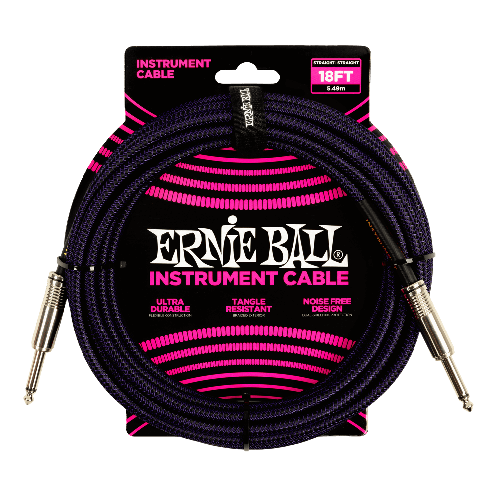 Ernie Ball P06395 Braided Instrument Cable - Straight/Straight 18ft - Purple/Black