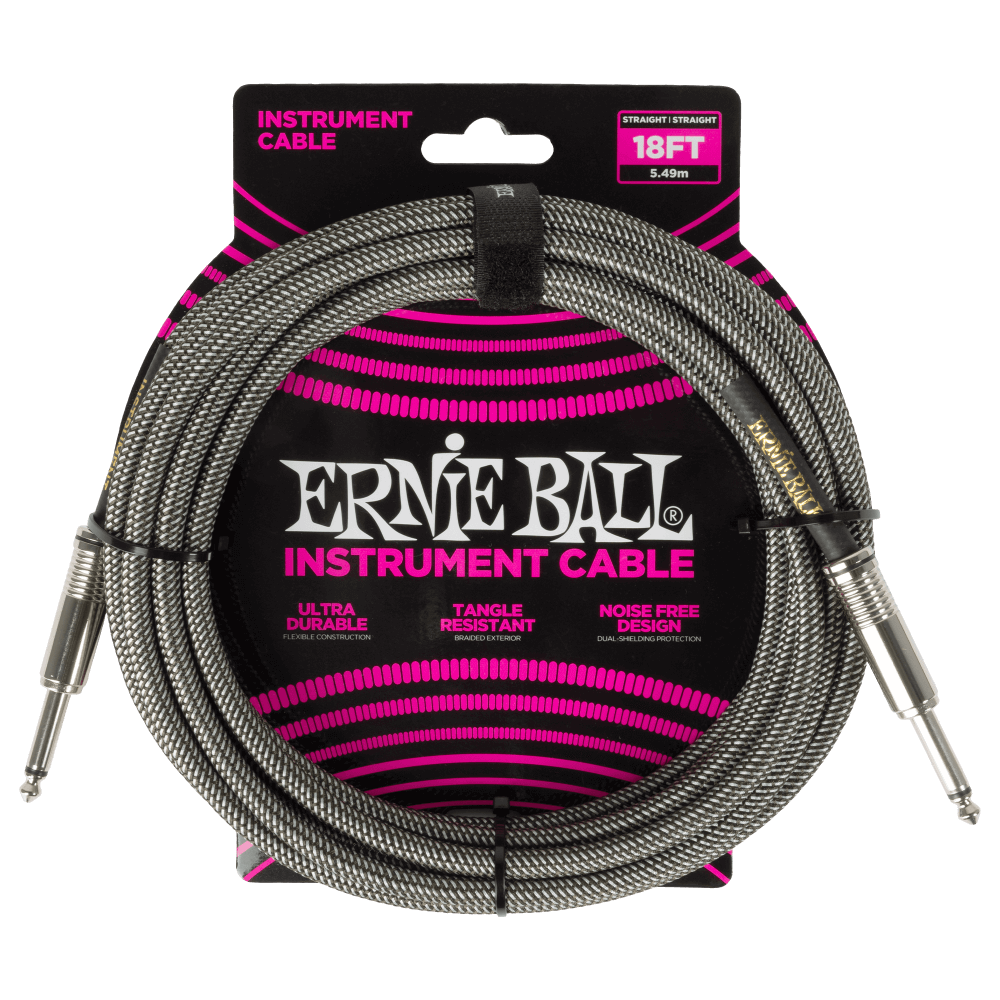 Ernie Ball P06433 Braided Instrument Cable - Straight/Straight 18ft - Silver Fox