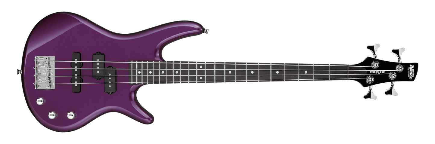 AUDIOINCLINED Ibanez miKro GSRM20 short-scale bass guitar in metallic purple with P/J pickups and maple neck.