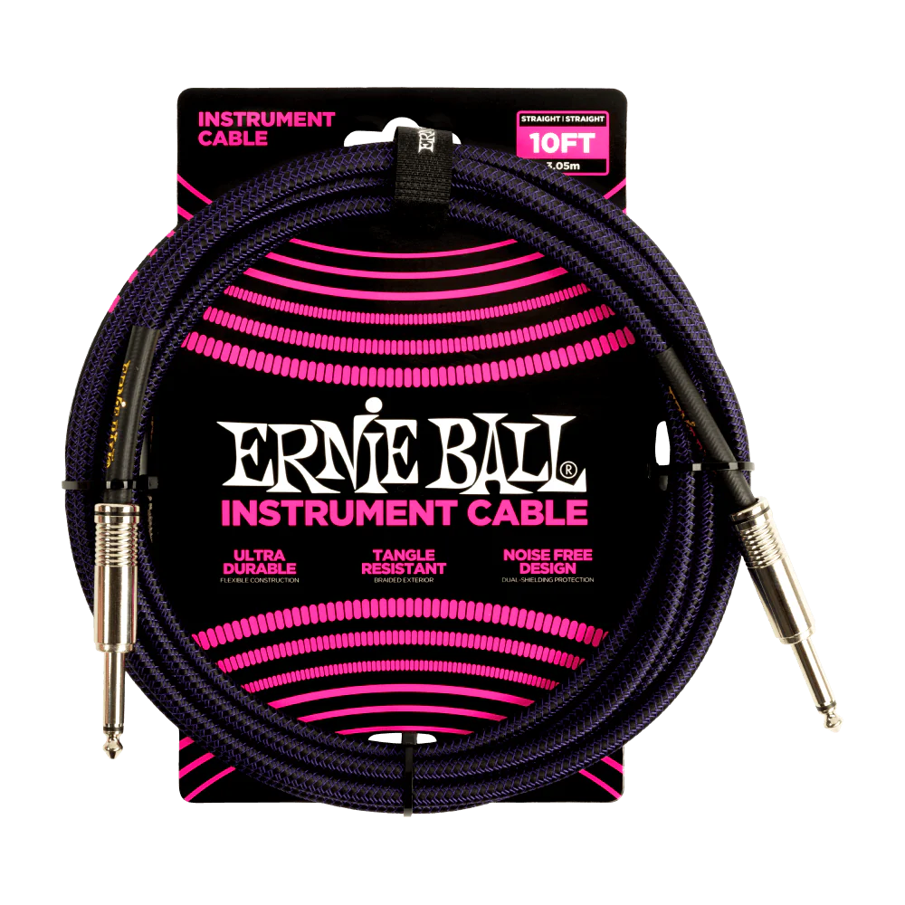 Cable de instrumento trenzado recto a recto Ernie Ball P06393 - 3 metros, morado y negro
