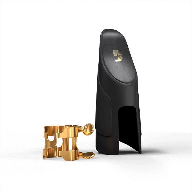 Abrazadera y boquillero D'Addario H para saxofón barítono (boquillas de goma dura), dorado