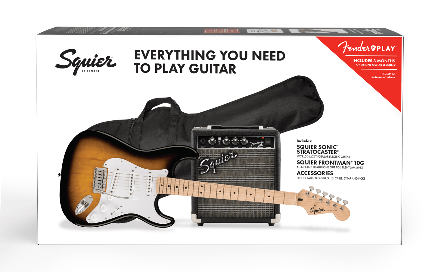 Squier Sonic Stratocaster Pack, Maple Fingerboard, 2-Color Sunburst, Gig Bag, 10G - 120V