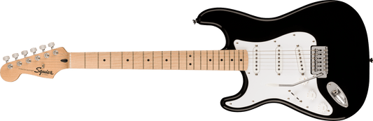 Squier Sonic Stratocaster para zurdos, diapasón de arce, golpeador blanco, negro