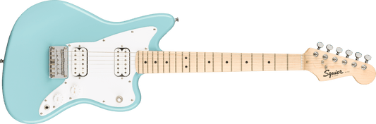 Electric guitar with a light blue body and white pickguard on a green background