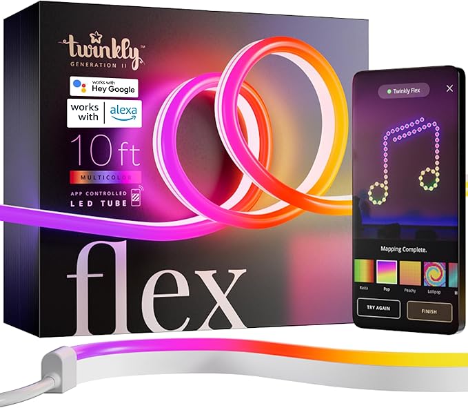 Twinkly Flex 10ft, LED Tube Multicolor, RGB LED Strip Flexible, Compatible with HomeKit, Alexa and Google Home, Gaming Lights, 16 M+ Colors, USB C Power, App Control, White Wire