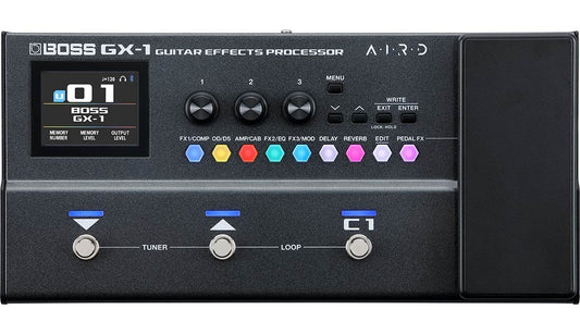 AUDIOINCLINED BOSS GX-1 guitar effects processor with color-coded buttons, expression pedal, and digital display.