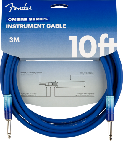 AUDIOINCLINED Fender Ombré Series 10ft blue instrument cable in retail packaging with technical feature diagram