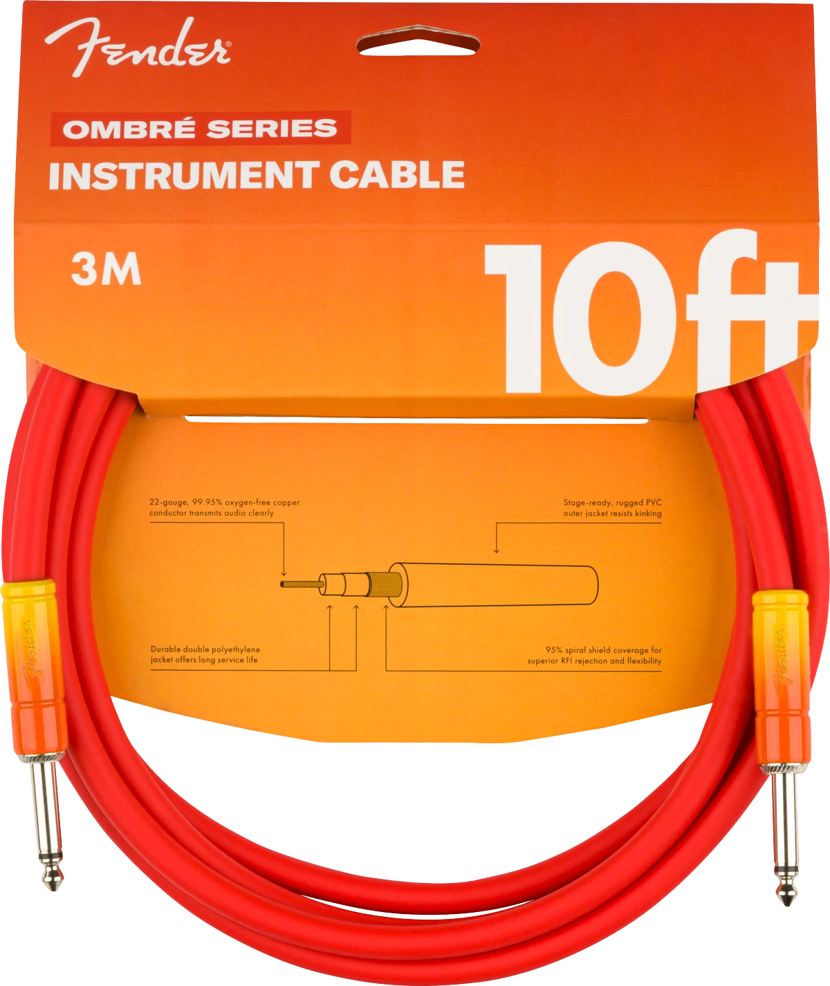 AUDIOINCLINED Fender Ombré Series 10ft instrument cable with a red-to-orange gradient finish and durable PVC jacket.