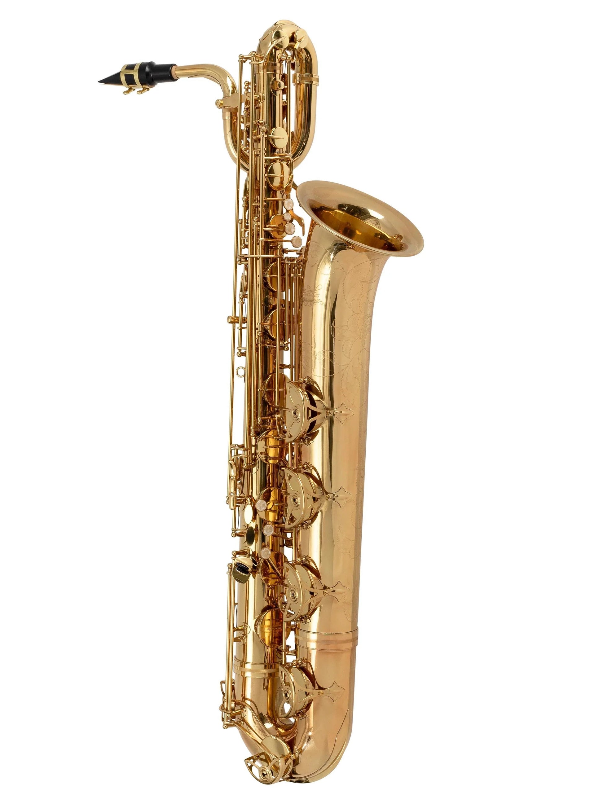 AUDIOINCLINED intermediate baritone saxophone with a polished gold lacquer finish and intricate bell engraving.