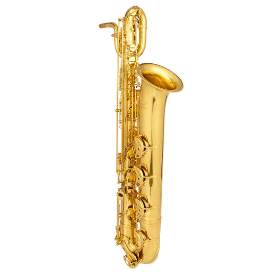 AUDIOINCLINED intermediate baritone saxophone with a polished gold lacquer finish and detailed bell engraving.