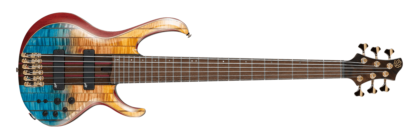 AUDIOINCLINED Ibanez BTB Premium 6-string bass guitar in Sunset Fade Low Gloss with gold hardware and figured wood top.