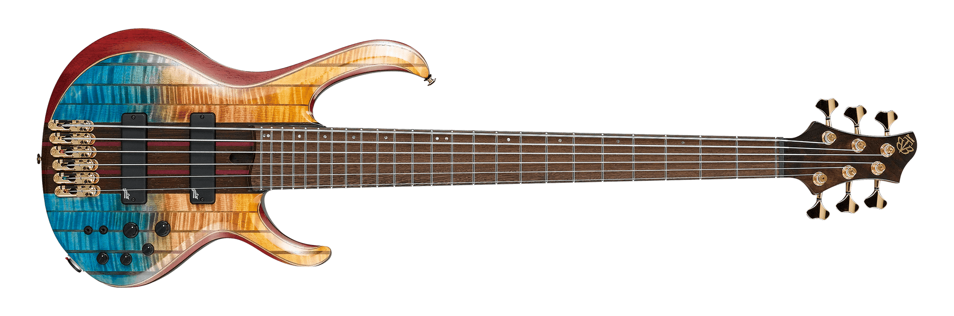AUDIOINCLINED Ibanez BTB Premium 6-string bass guitar in Sunset Fade Low Gloss with gold hardware and figured wood top.