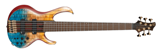 AUDIOINCLINED Ibanez BTB Premium 6-string bass guitar in Sunset Fade Low Gloss with gold hardware and figured wood top.
