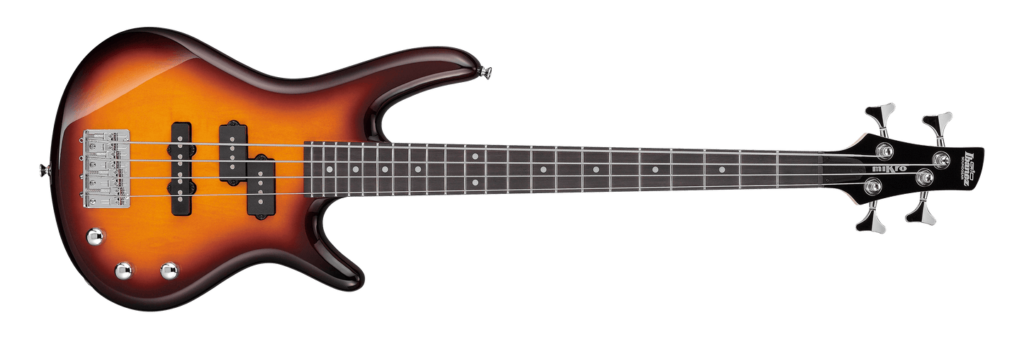 AUDIOINCLINED Ibanez miKro GSRM20 short-scale bass guitar in a classic brown sunburst finish with P/J pickups.