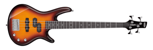 AUDIOINCLINED Ibanez miKro GSRM20 short-scale bass guitar in a classic brown sunburst finish with P/J pickups.