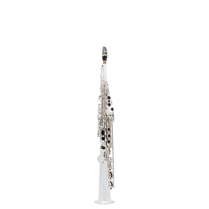 AUDIOINCLINED SS-860 professional soprano saxophone in silver with orange blossom engraving and blue sandstone pearls.