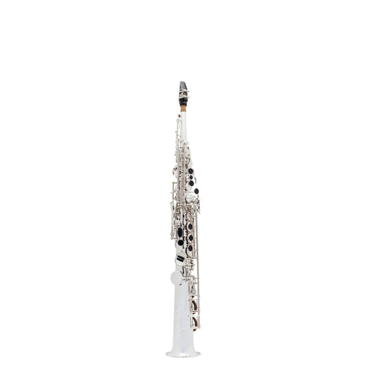 AUDIOINCLINED SS-860 professional soprano saxophone in silver with orange blossom engraving and blue sandstone pearls.