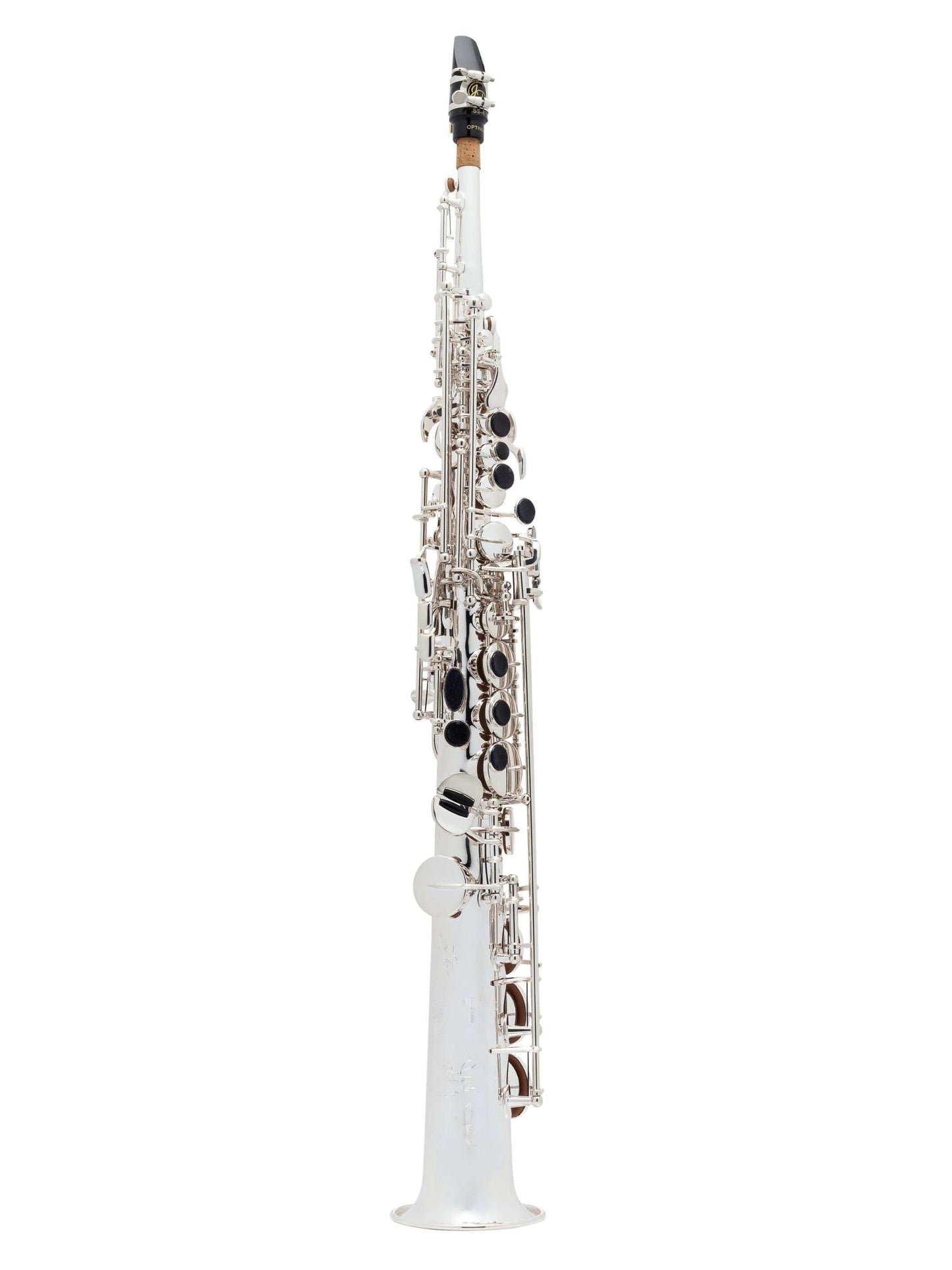 AUDIOINCLINED SS-860 professional soprano saxophone in silver with blue sandstone pearl keys and floral engraving.