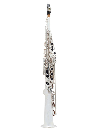 AUDIOINCLINED SS-860 professional soprano saxophone in silver with blue sandstone pearl keys and floral engraving.