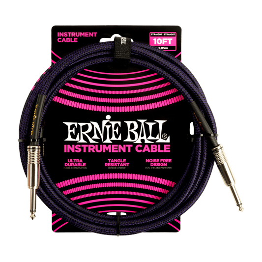 Ernie Ball P06393 Braided Straight to Straight Instrument Cable - 10-foot, Purple Black