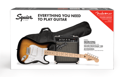 Pack Squier Sonic Stratocaster, diapasón de arce, Sunburst bicolor, funda de transporte, 10 unidades, 120 V 