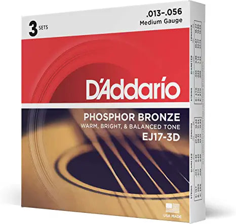 D'Addario EJ17-3D Phosphor Bronze Acoustic Guitar Strings - .013-.056 Medium (3-pack)