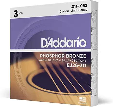 D'Addario EJ26 Phosphor Bronze Acoustic Guitar Strings - .011-.052 Custom Light (3-pack)