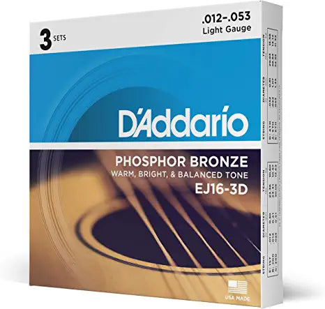 D'Addario EJ16-3P Phosphor Bronze Acoustic Guitar Strings - .012-.053 Light (3-pack)